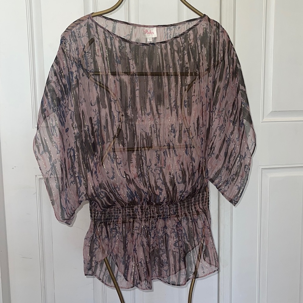 Parker gold thread watercolor pink and blue sheer top